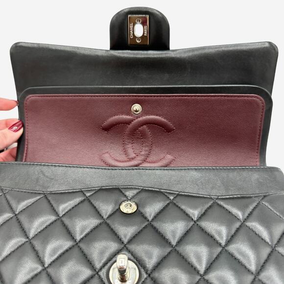 AUTHENTIC Chanel Medium Double Flap Black Lambskin w Silver Hardware from 2012 - Picture 12 of 15